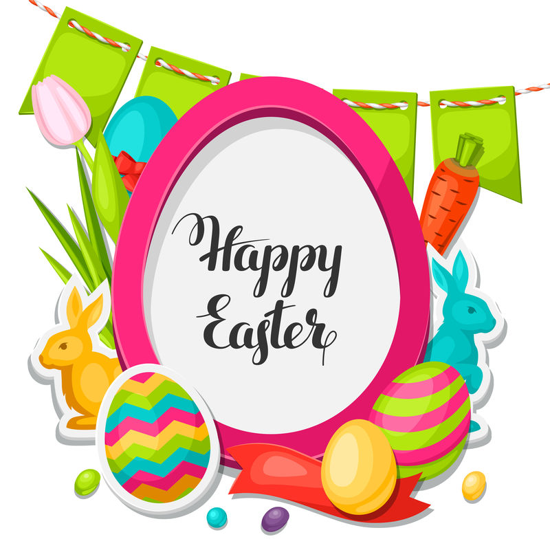 复活节快乐相框配有装饰物、彩蛋、兔子贴纸。概念可用于节日请柬和海报