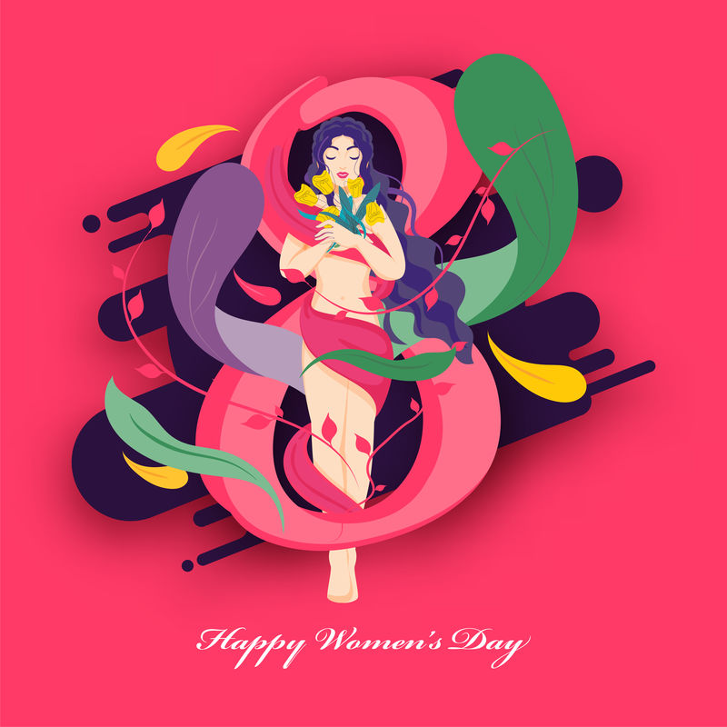 快乐妇女节海报设计，8个数字，树叶和美女