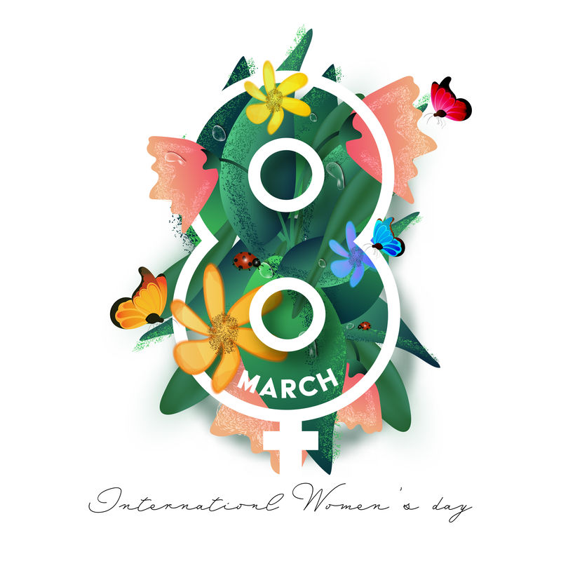 剪纸3月8日与女性性别标志，蝴蝶，瓢虫，