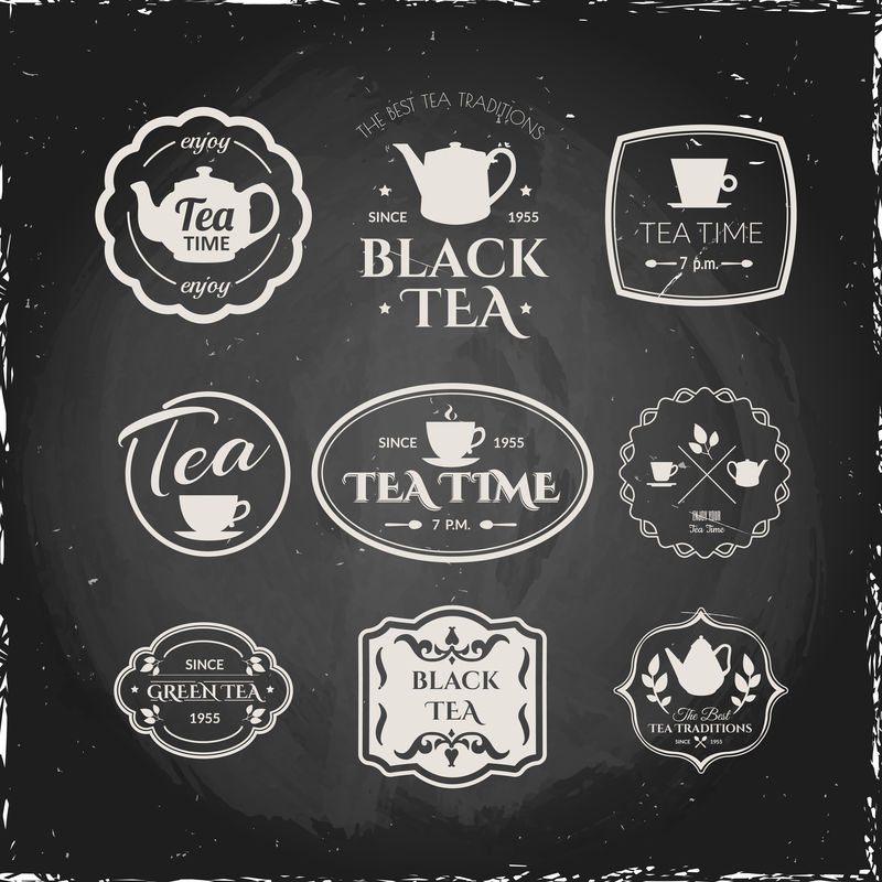 黑板上的矢量插图，主题茶上有商标。