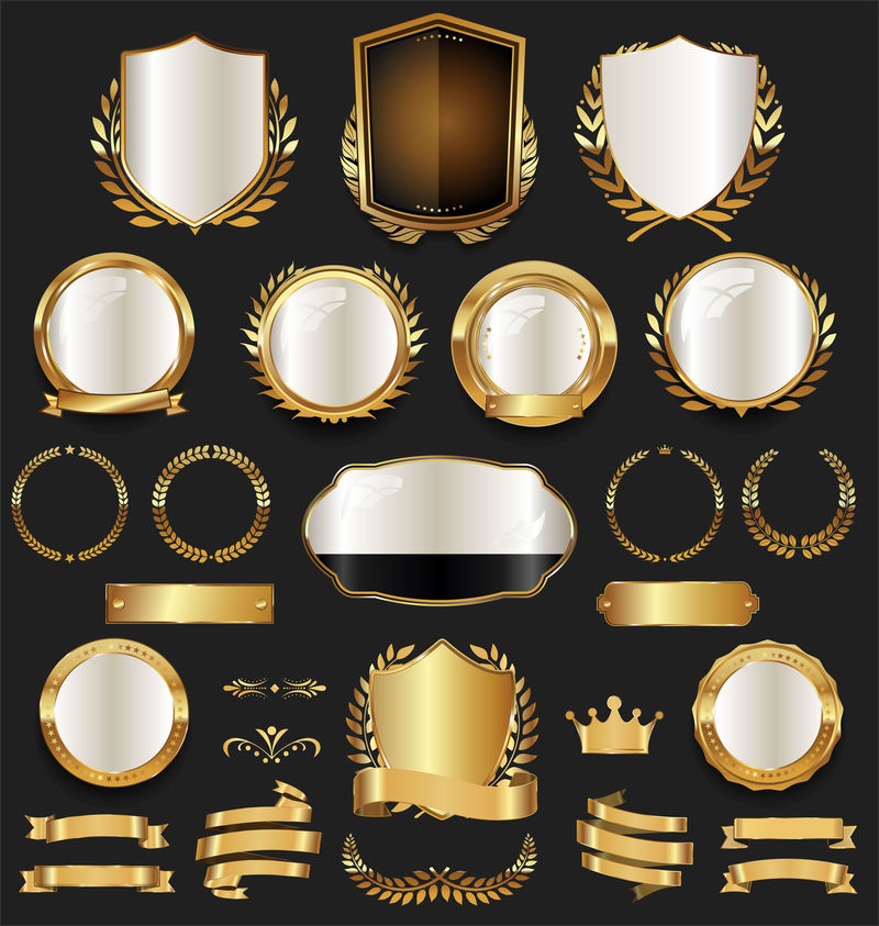 金银盾牌桂冠和徽章收藏