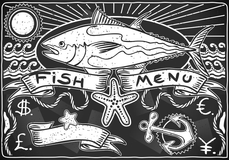 鱼菜单用复古图形黑板