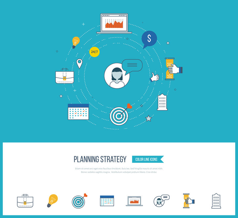 战略规划和营销战略概念-投资增长-规划过程-用于数据分析、战略规划、成功业务的彩色图标