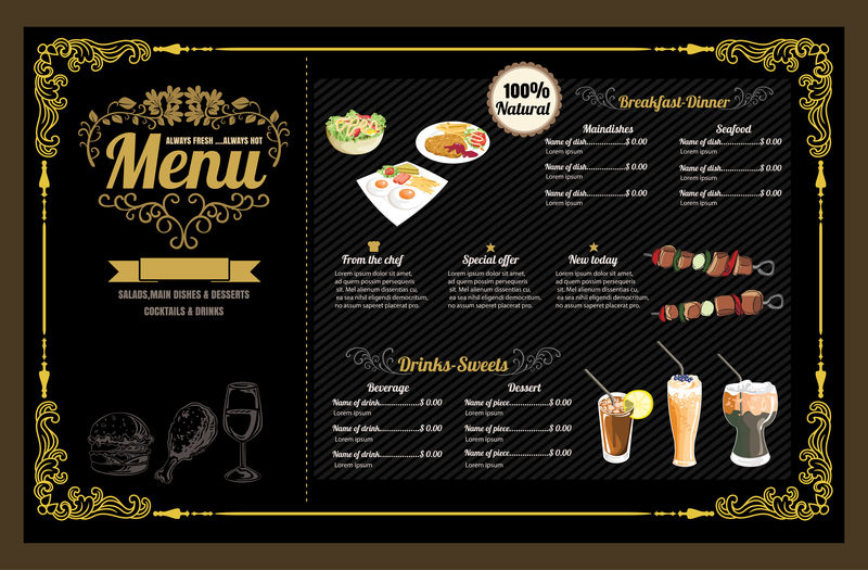 餐厅食品菜单旧货设计与黑板背景V