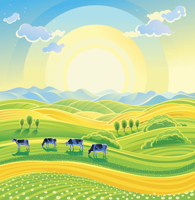 阳光明媚的夏日景色和草地上的牛群