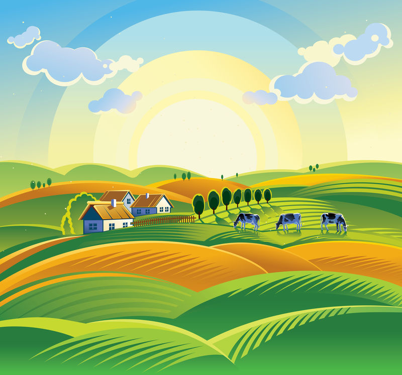 夏季日出景观与村庄和奶牛