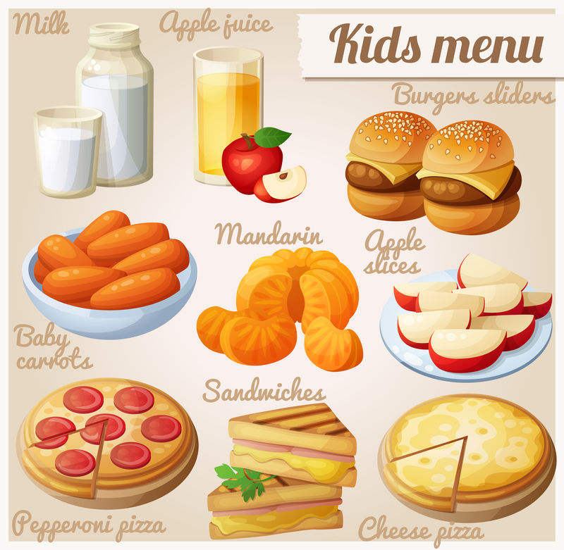 儿童菜单。一组卡通矢量食品图标