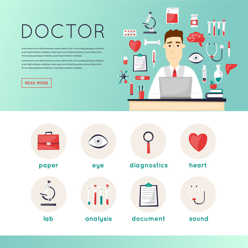 医生和医疗图标集-治疗-健康-药品-片剂字符设计-网站模板标题-平面矢量网页横幅