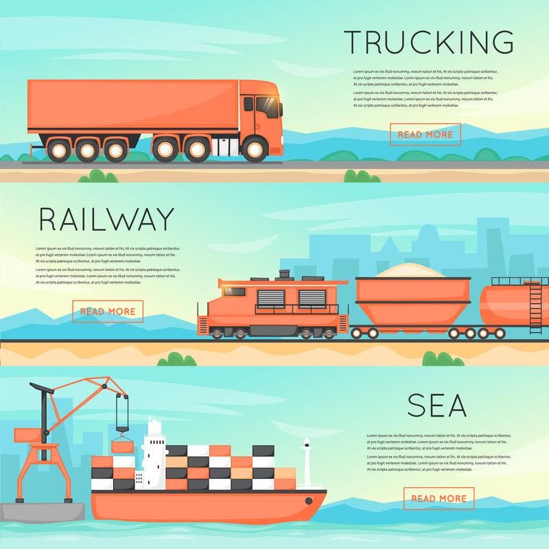 公路、火车和轮船运输货物-物流概念-货物运输-货运-平面矢量网页横幅