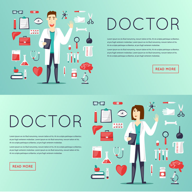 医生和医疗图标集-治疗-健康-药品-片剂字符设计-平面矢量网页横幅