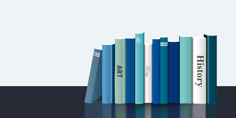 书架-逼真的三维矢量图-蓝色设计-室内书店