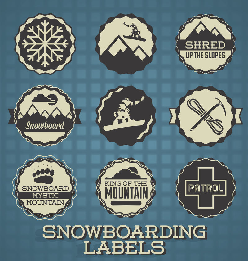 矢量集：滑雪板标签和图标