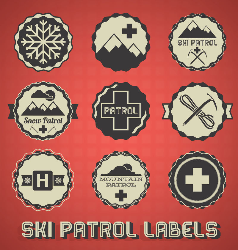 矢量集：复古滑雪巡逻标签和图标