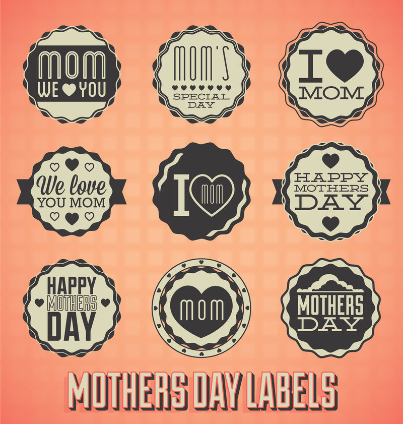 矢量集：母亲节快乐标签和图标