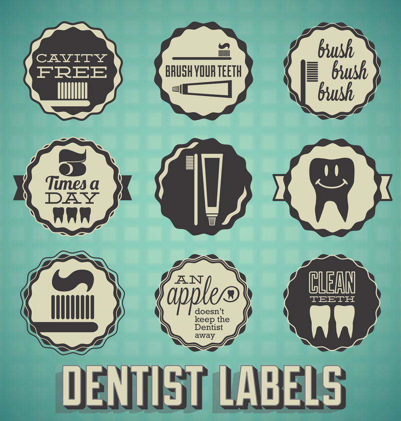 矢量集：牙医和牙齿标签和图标