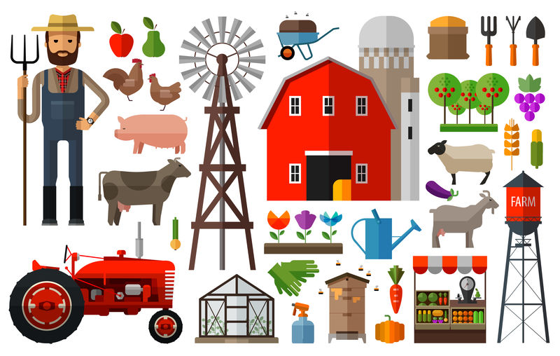 农庄矢量标志设计模板。收获，园艺，园艺或动物，食品图标。