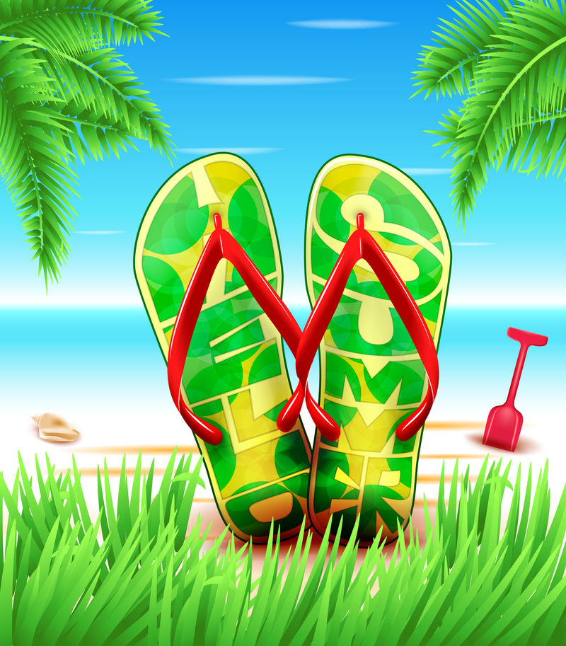 美丽的海滩在夏日海洋上展示鞋子3d插图
