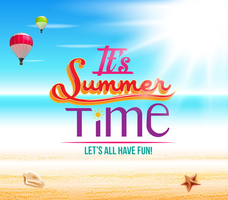 暑假广告图片-印刷模板-保持冷静-打包度假-包含一个夏季海滨背景与船舶-沙滩球和伞-使用的打印颜色