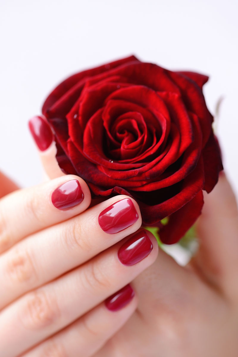 白背红玫瑰红指甲女人的手
