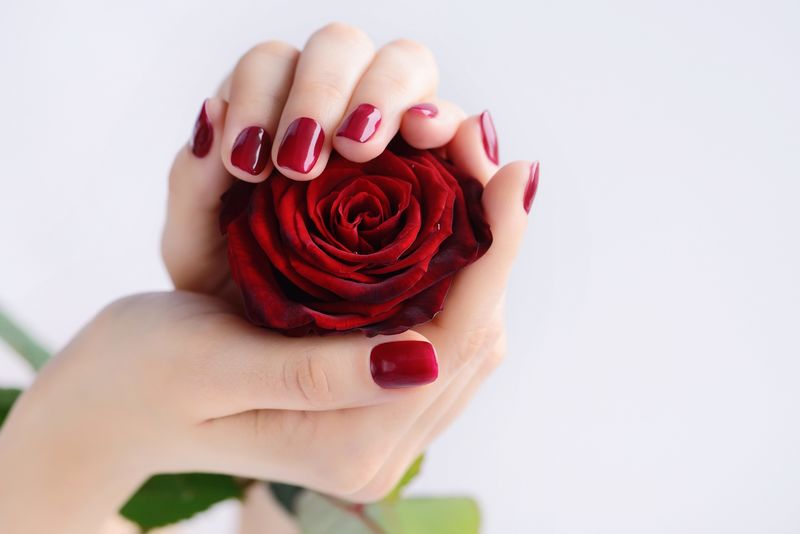 一个女人的手上有着深红色的指甲和红玫瑰