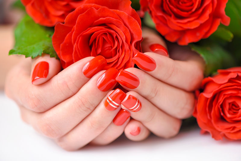 女人漂亮的手上有红色的指甲和红玫瑰