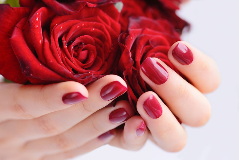 一个女人的手拿着红色的指甲和一束红玫瑰。