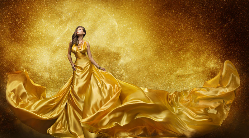 金色时尚模特裙，女人金丝长流面料