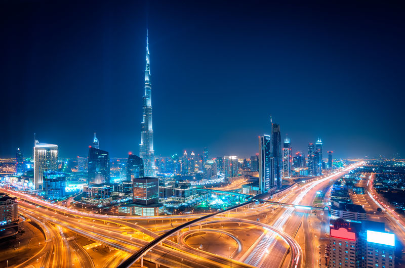 夜间迪拜市中心天际线，迪拜，联合酋长国