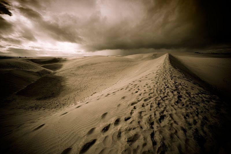 美丽的金色沙丘和波澜壮阔的天空-在纳米布沙漠中有着明亮的云层