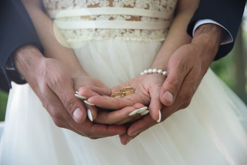 新娘和新郎手心上的两枚金色结婚戒指。婚礼现场