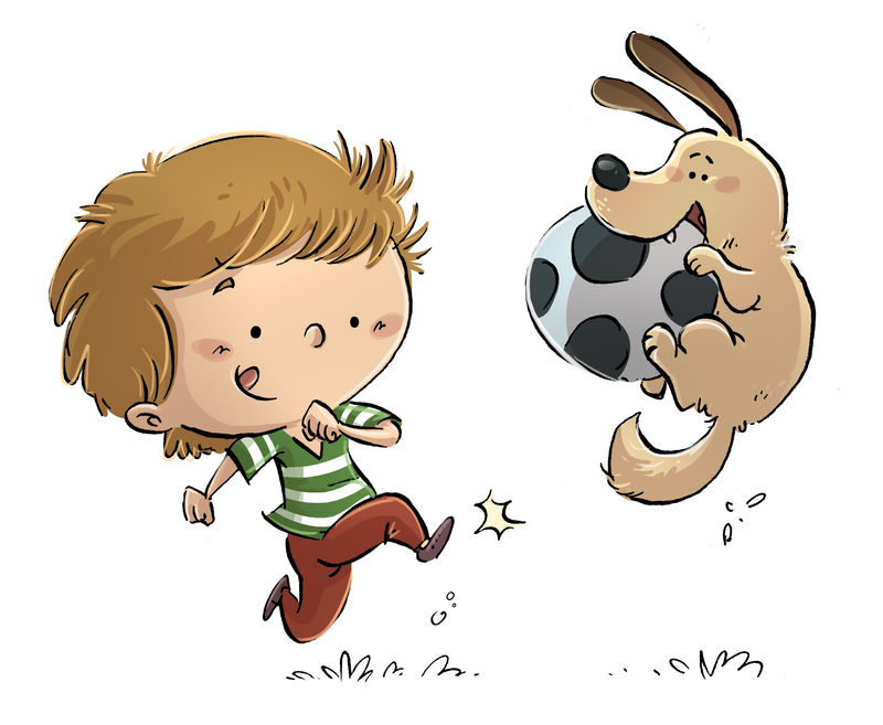 男孩玩狗和球