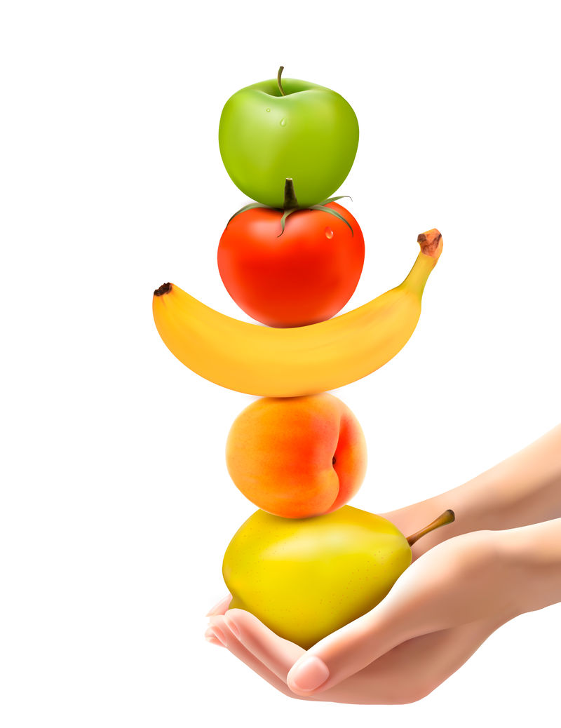 手拿着一组新鲜水果。节食理念。矢量。
