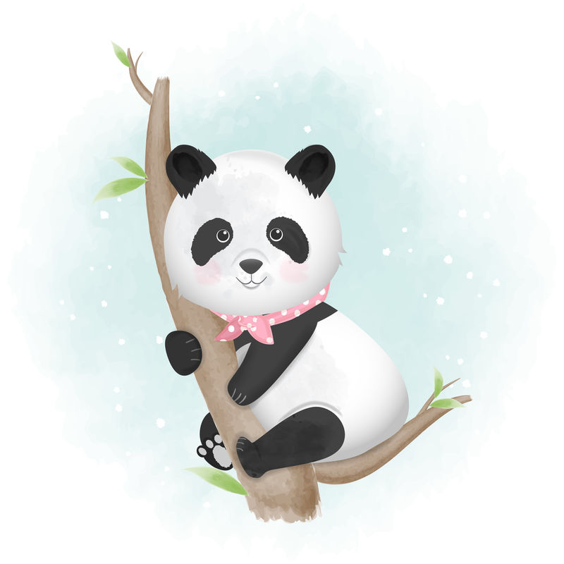 可爱熊猫手绘动物插图水彩背景