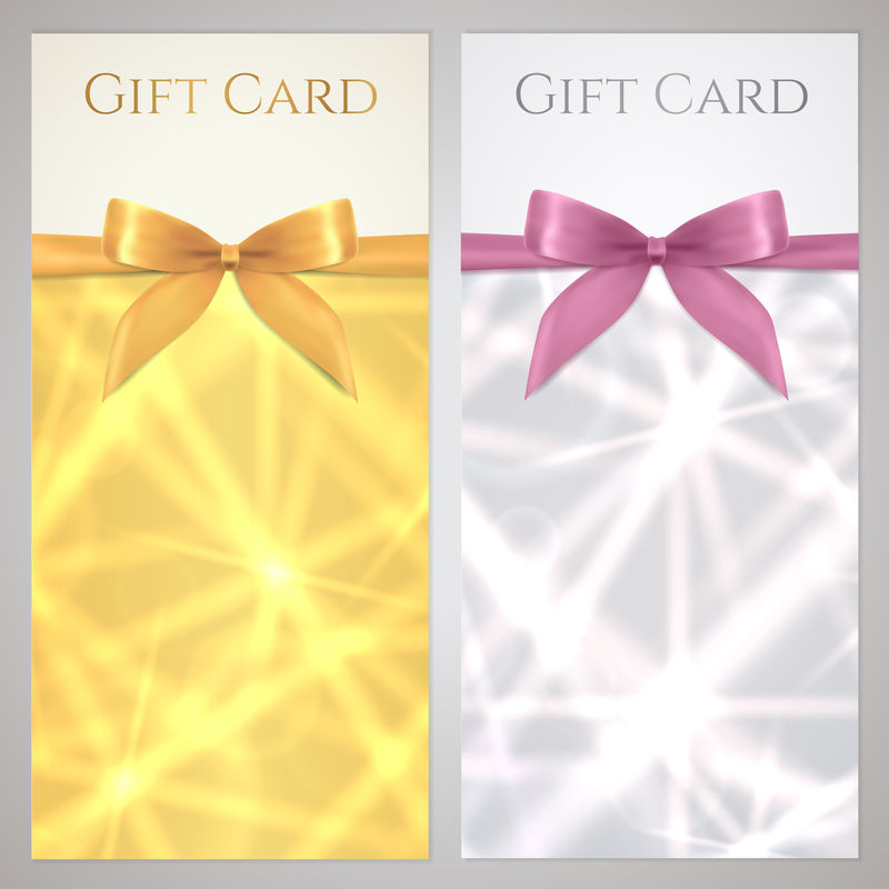 优惠券、优惠券、礼品券、带蝴蝶结的礼品卡模板、丝带（礼品）、闪亮的星星-请柬、横幅、门票的节日背景设计-金银色矢量