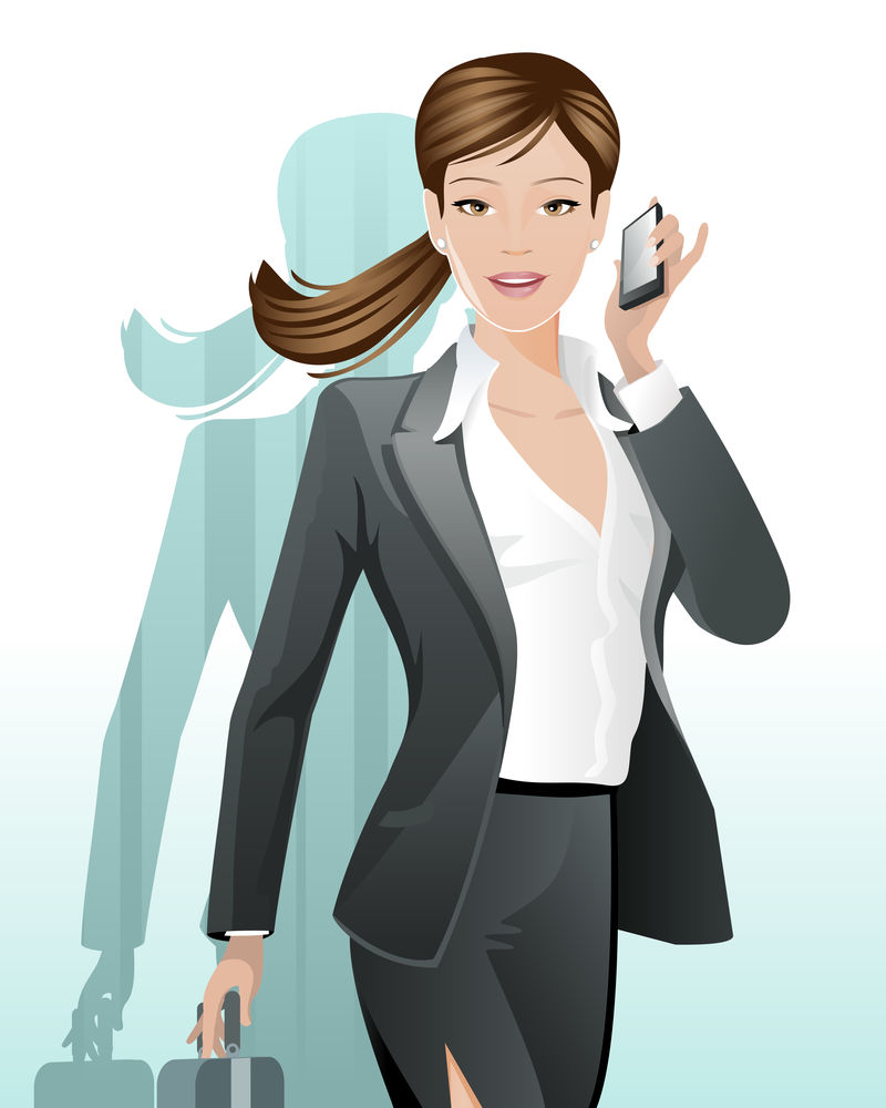 有智能手机的女商人-穿着办公室风格衣服的漂亮女商人-快乐的卡通人物-矢量图解