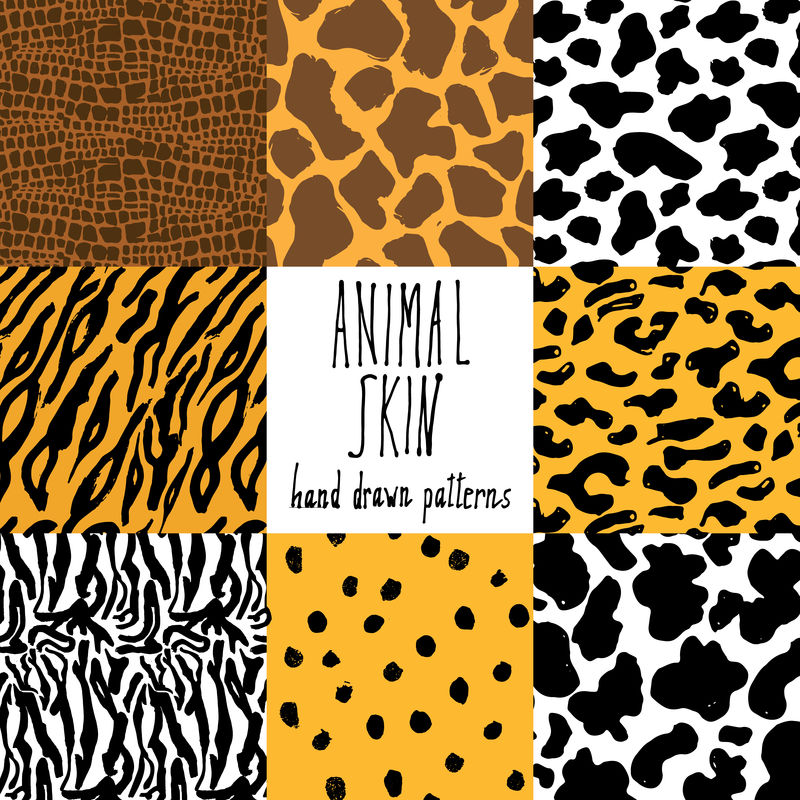 动物皮肤手绘纹理，矢量无缝图案集，素描猎豹、奶牛、克隆狗、老虎泽布拉和长颈鹿皮肤纹理