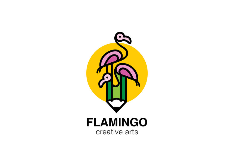 Flamingo铅笔徽标抽象设计矢量模板线性风格
