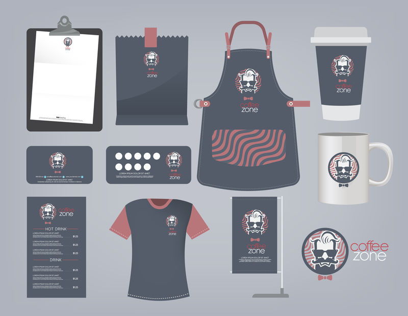 Vector咖啡餐厅套装和标志、T恤、菜单、名片a
