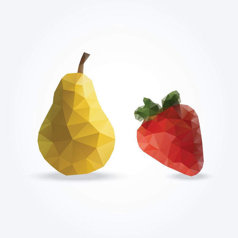 现代风格几何水果-多边形三角形面-梨和草莓-矢量插图