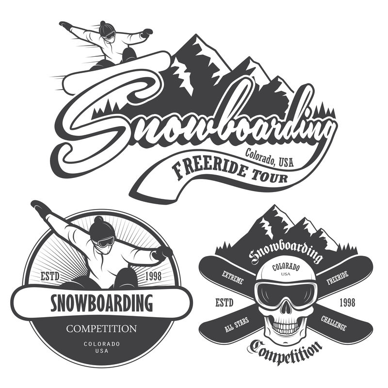 一套滑雪板标志、标签和设计元素。