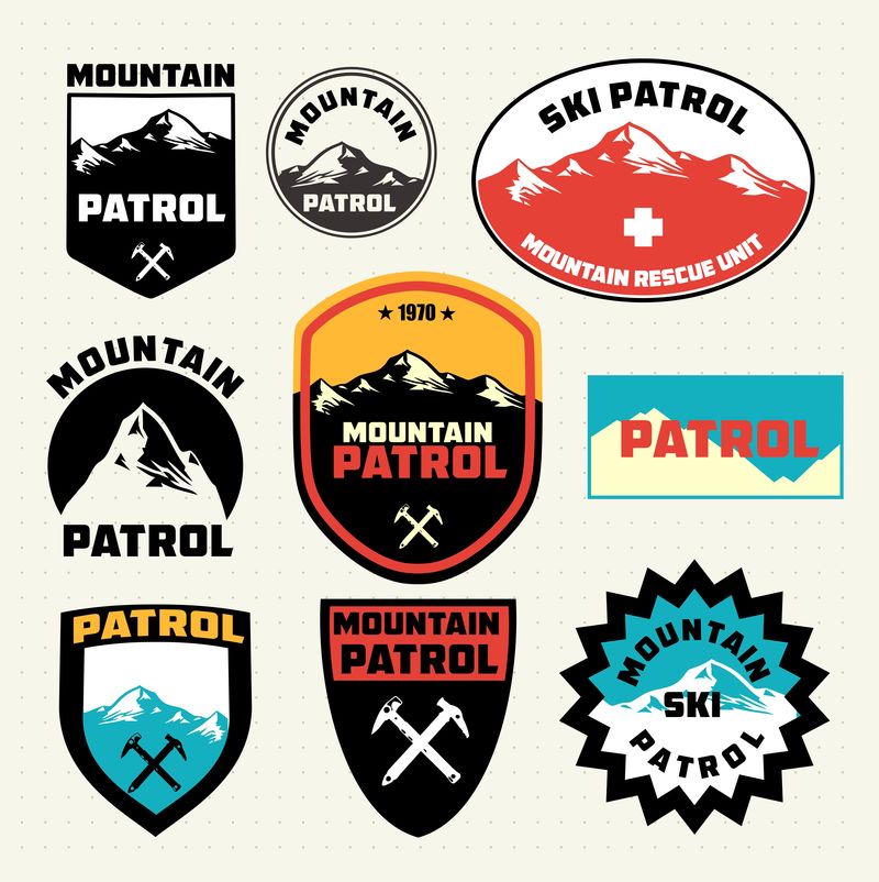 一套滑雪巡逻山徽章和标志补丁