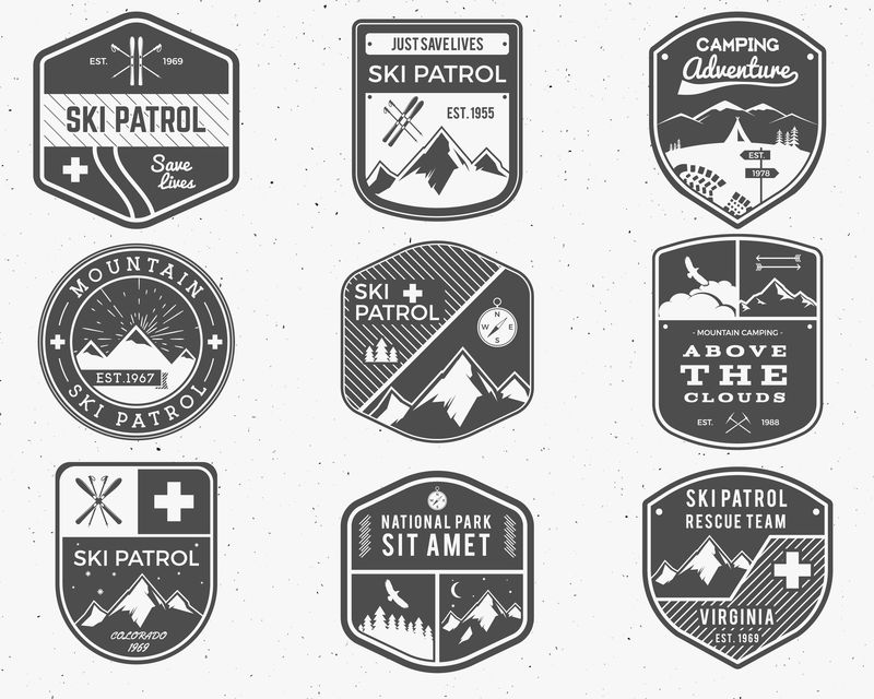 滑雪俱乐部，巡逻队的标签。复古山冬令营探险家徽章。户外冒险标志设计。旅行手绘和时尚单色标志滑雪板图标符号。荒野向量