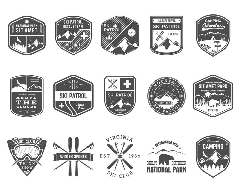 滑雪俱乐部，巡逻队的标签。复古山冬令营探险家徽章户外冒险标志设计。旅行手绘和时髦的单色徽章。滑雪板图标符号。荒野。矢量