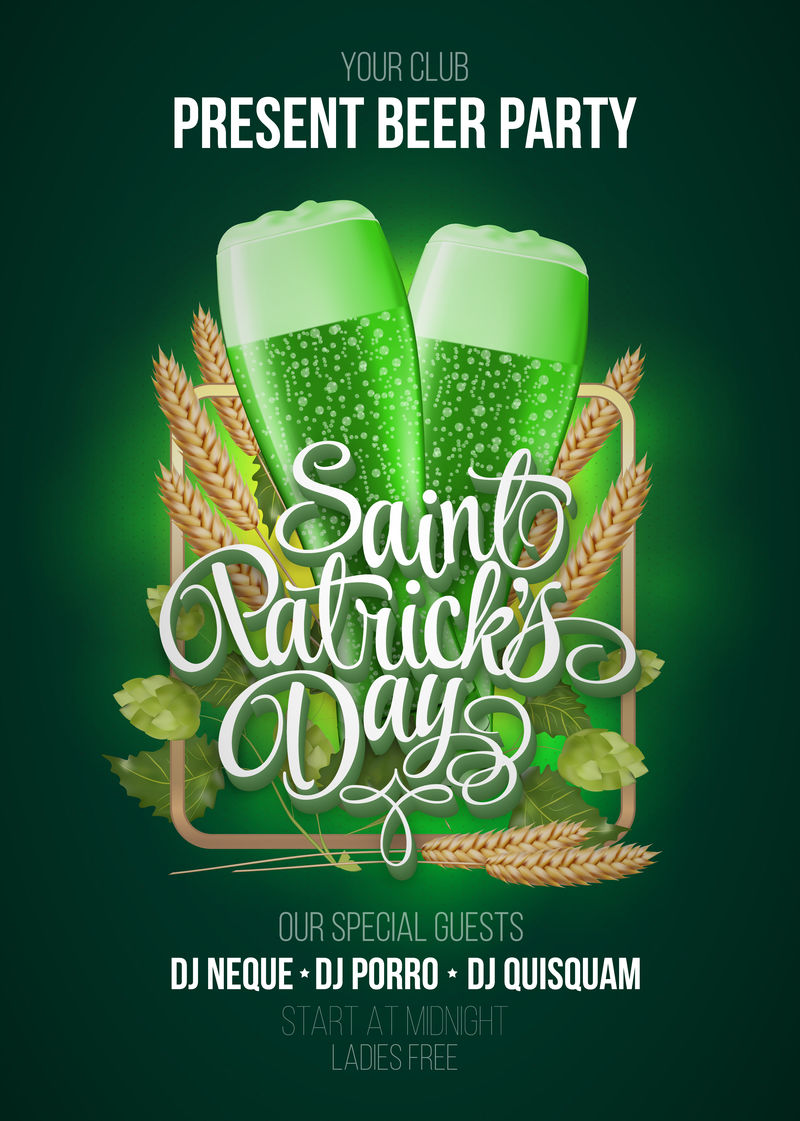 圣帕特里克节海报。啤酒派对绿色背景，有书法标志，两个绿色啤酒杯，框架内有麦穗和啤酒花。矢量图示