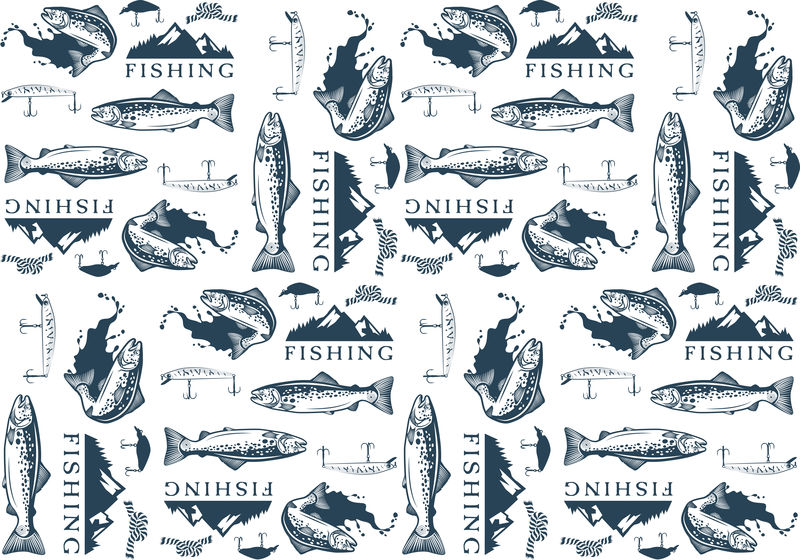鳟鱼钓鱼标志、标签和设计元素图案