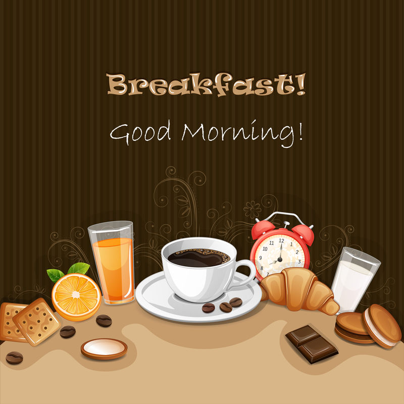 早餐背景包括咖啡、牛角面包、饼干和饼干