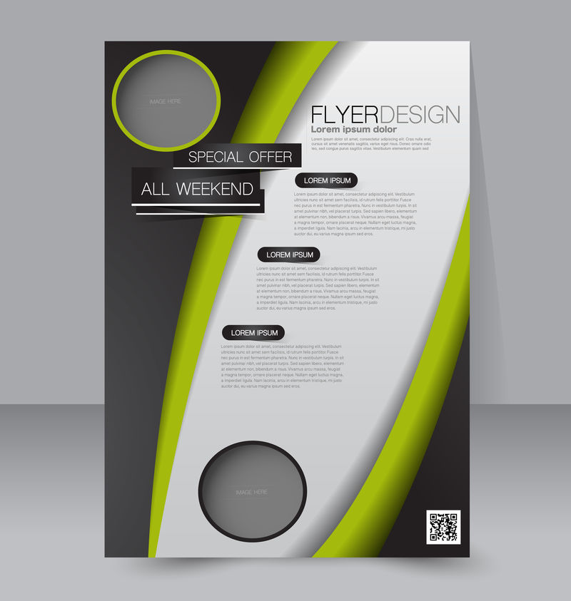 小册子设计。飞片模板。编辑A4海报商业，教育，演示，网站，杂志封面。绿色和黑色。