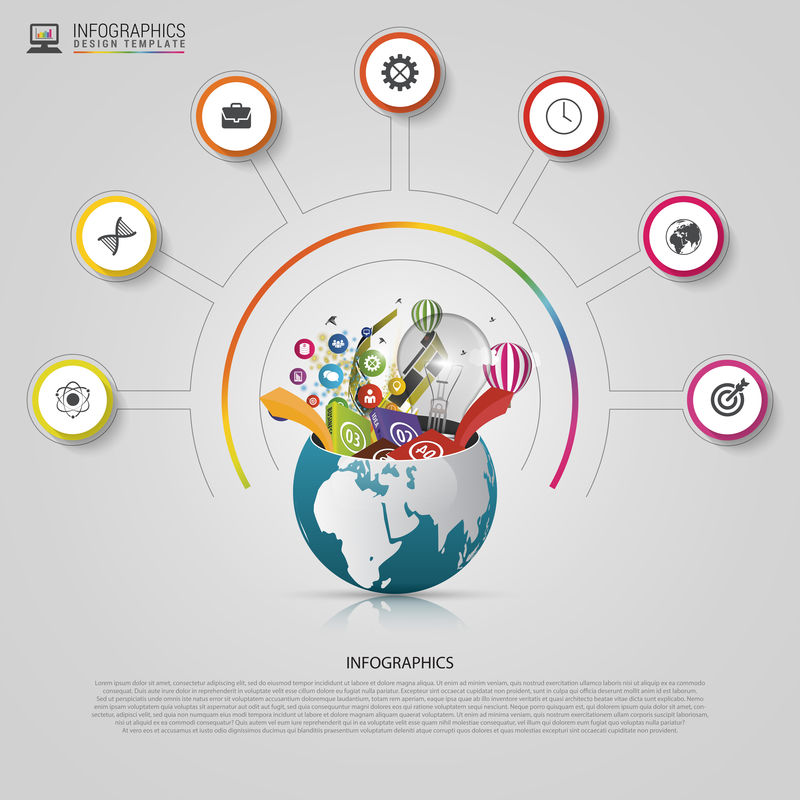 信息图形设计模板。创意世界。色彩圆环智慧