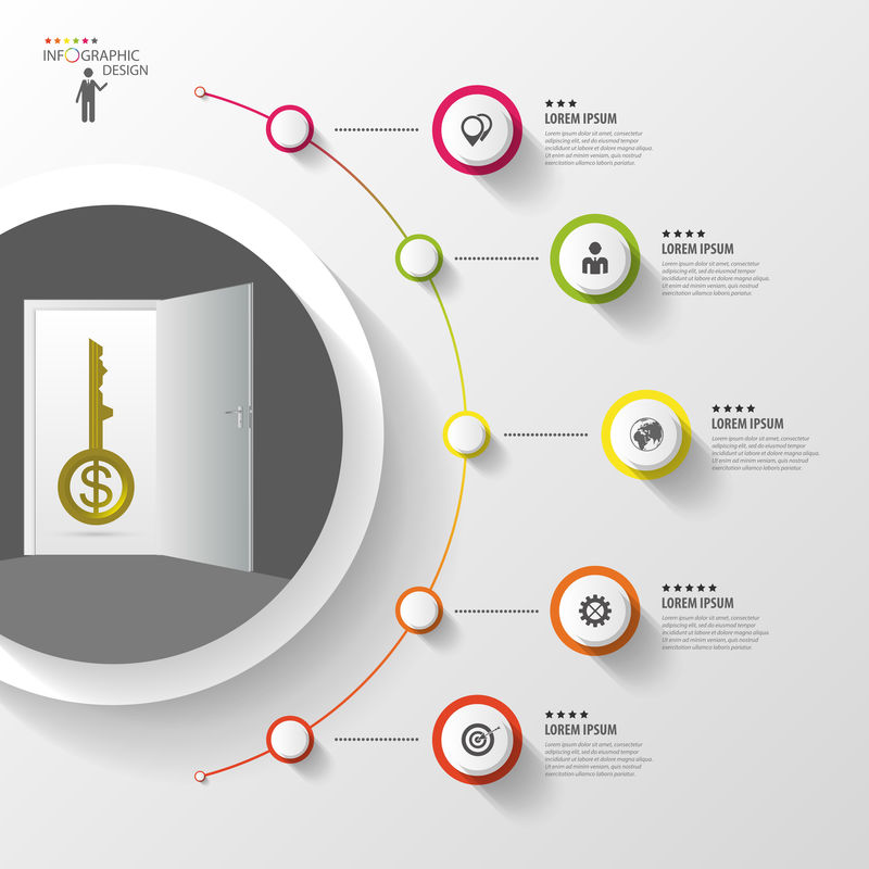 信息图表-钥匙-带图标的彩色圆圈-矢量