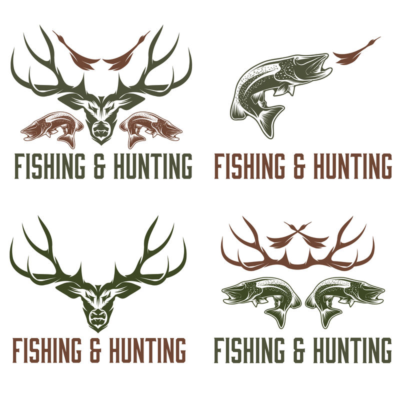 一套复古狩猎和捕鱼标签和设计元素